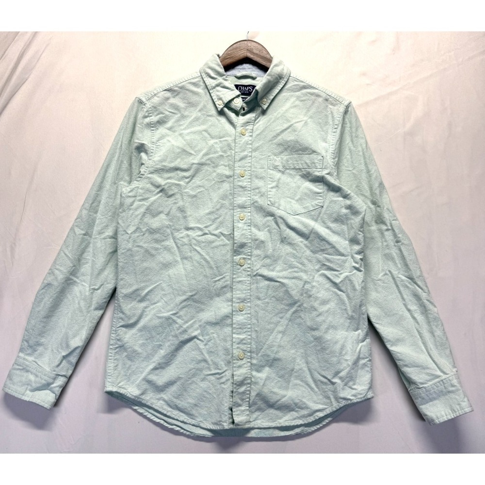 Chaps Seacoast Wash Shirt Men Small Green White Micro Stripes Cotton Button Down